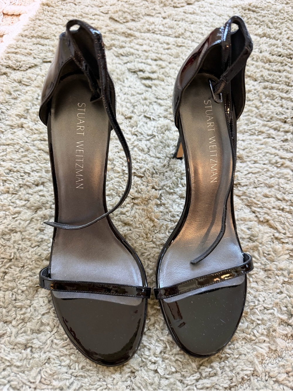 Stuart Weitzman Black Patent Leather Ankle-Tie Sandals